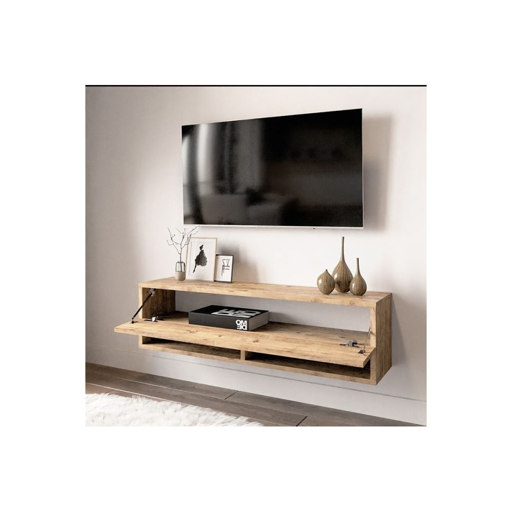 Mueble Mesa TV Moderno con 1 Puerta y Estantes en Melamina Color Madera