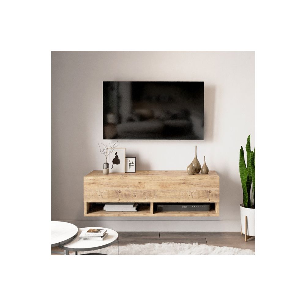 Mueble Mesa TV Moderno con 1 Puerta y Estantes en Melamina Color Madera