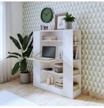Estantería con Escritorio, Mesa de Ordenador, Acabado en Blanco y Madera, Medidas: 119,6 cm (Largo) x 139,6 cm (Alto) x 34,5