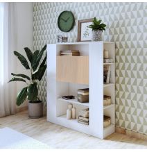 Estantería con Escritorio, Mesa de Ordenador, Acabado en Blanco y Madera, Medidas: 119,6 cm (Largo) x 139,6 cm (Alto) x 34,5