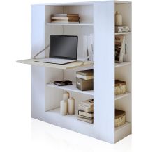 Estantería con Escritorio, Mesa de Ordenador, Acabado en Blanco y Madera, Medidas: 119,6 cm (Largo) x 139,6 cm (Alto) x 34,5