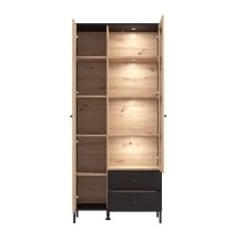 Vitrina Alta en Roble Artisan y Negro con Puerta Estrecha, Puerta Acristalada y 2 Cajones - Medidas 86,5x40x195 cm