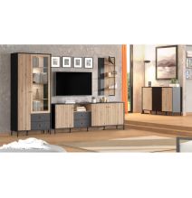 Vitrina Alta en Roble Artisan y Negro con Puerta Estrecha, Puerta Acristalada y 2 Cajones - Medidas 86,5x40x195 cm